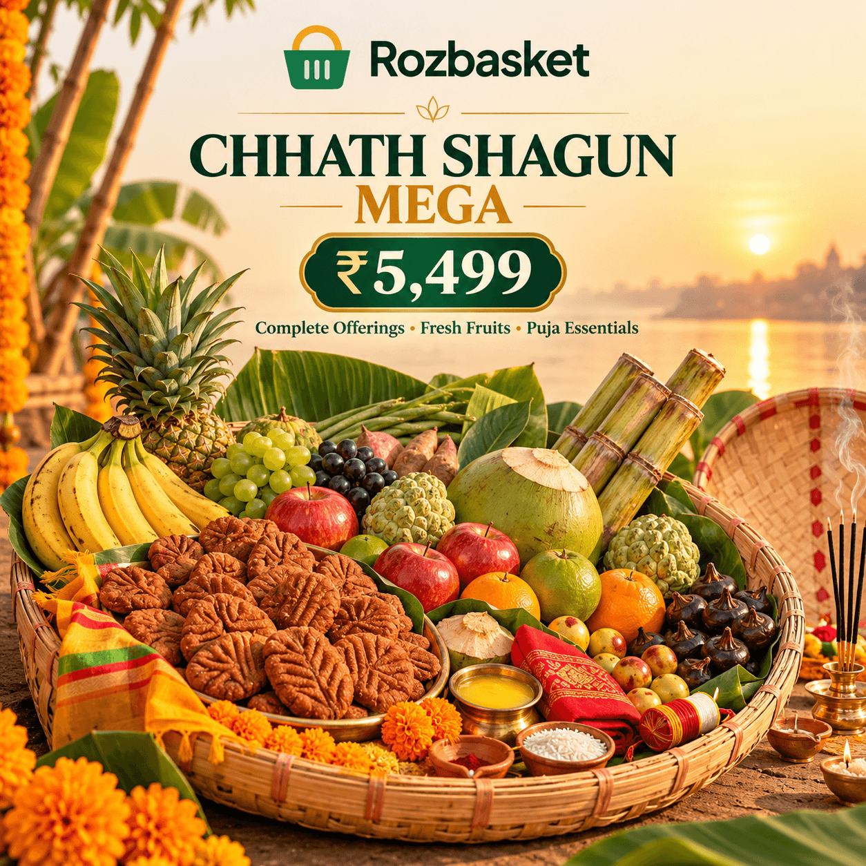 Rozbasket Chhath Shagun Mega basket for Chhath Puja — a bamboo daura of fruit, sugarcane, thekua and puja essentials