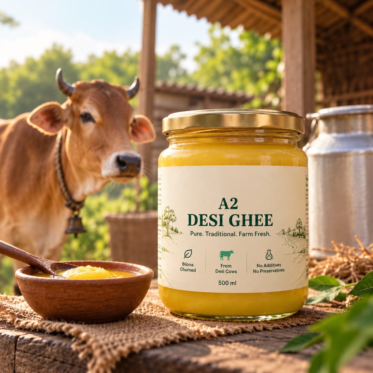 A 500 ml jar of Rozbasket A2 desi ghee, bilona churned, beside a wooden bowl of ghee and a milk can, with a desi cow behind
