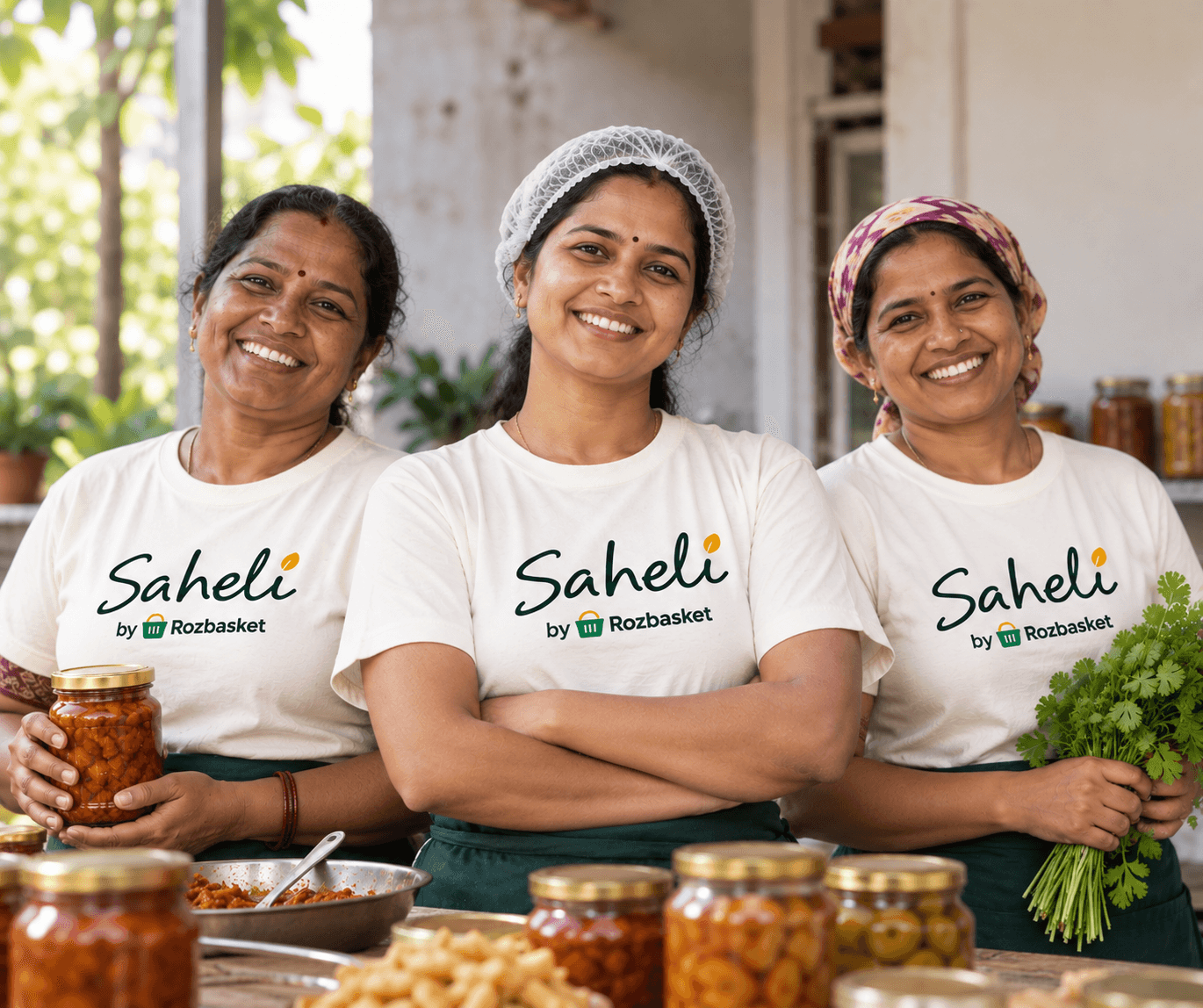Three women-led food producers who supply Rozbasket Saheli in Telangana, wearing Saheli by Rozbasket t-shirts behind a table of homemade pickle jars, with one holding a jar of mango pickle and another a bunch of fresh coriander
